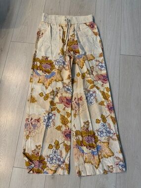 House of Harlow 1960 Small Linen Rayon Cream Floral Wide Leg Pants ab23